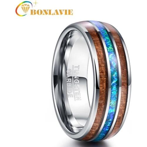 BONLAVIE 8mm Classic Hawaiian Koa Wood Colorful Opal Tungsten Carbide Ring Fashion Jewelry Dome Polished Mens Party Rings