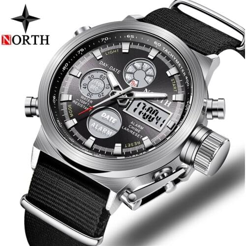 NORTH Brand Top Luxury Sport Mens Watches LED Digital Dual Display Quartz Men Watch Waterproof Military Clock Relogio Masculino