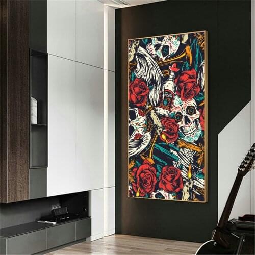 Graffiti Skull Rose Abstract Art Painting Poster Print Wall Painting Modern Home Decoration Frameless Canvas Printmaking Mural