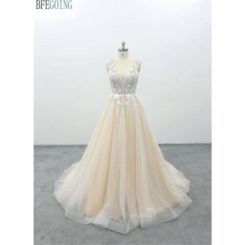 Ivory Lace Champagne Tulle V-Neck A-line Wedding Dress Floor -Length Chapel Train Real/Original Photos Custom made