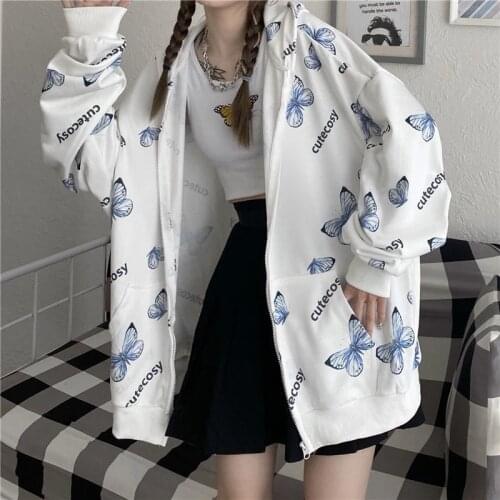 Summer Harajuku Butterfly Hoodie With Zipper Women Sweatshirt 2021 Spring Oversized Hoodies Outerwear Plus Size