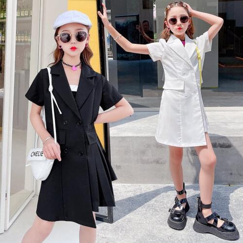 Fashion Girls Suit Blazer Dress Asymmetric Long Coat Black White Blazer Dresses for 5-14Years Kids High Quality Hot Sale Clothes