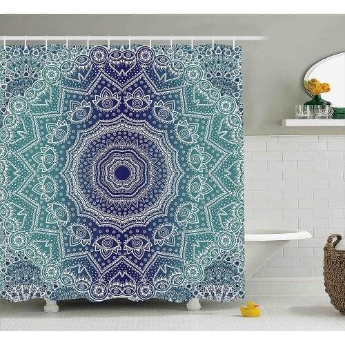 Navy and Teal Shower Curtain Cosmic Diagram Art Mandala Circle Religion Ethnic Ombre Art Illustration Bath Curtain For Bathroom