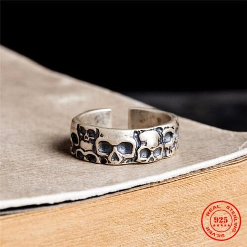 MKENDN Vintage 100% 925 Sterling Silver Mens Calvarium Skull Ring Gothic Biker Ring Motorcycle Band jewellery