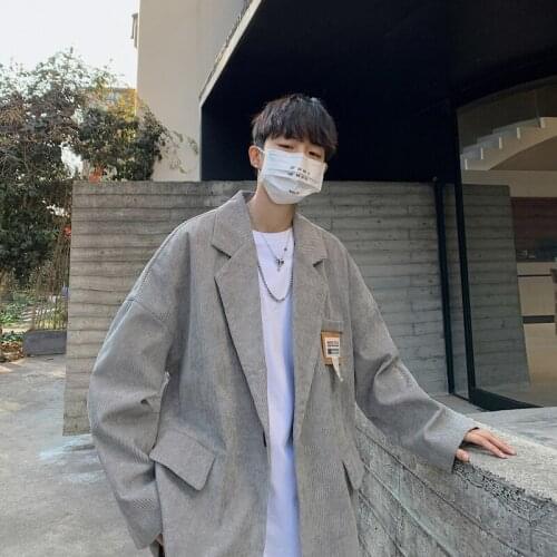 Mens Corduroy Striped Blazers Coat Korean Fashion Spring Autumn Casual Clothing Costume Homme Loose Black Suit Tops Male Jacket