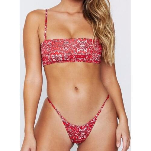 2020 New Red Floral Print Bikini Girl Two Piece Suits Women Thong Swimsuit Bathing Suit S-L Micro Bikini Set Summer Beachwear