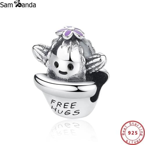 2020 New Original 100% 925 Sterling Silver Bead Charm Cactus Charms Free Hugs Purple Enamel Fit Bracelets DIY Women Jewelry