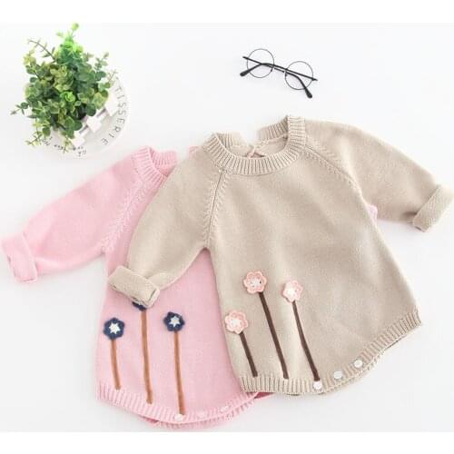 Baby Girl Autumn Clothing New Arrival Babies' Knit Jumpsuit Handmade Flowers Sweater