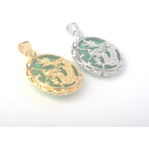 19X19MM Inlaid Oblate Imitation Green Jades Stone Hollow Cutting Cameo Dragon Pendant 1PCS