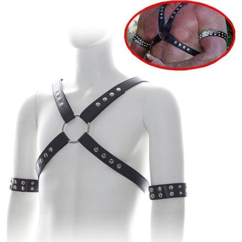 Fetish Men Leather Chest Harness Belts With Armband Sexual Rave Gay Clothing Body Bondage Cage Arm Harness Strap for BDSM Sex