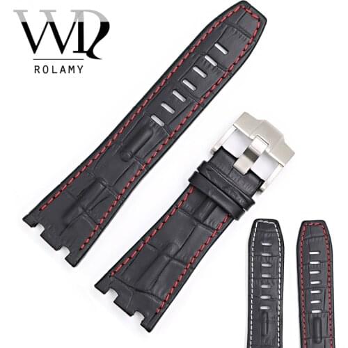 Rolamy 28mm Black with Red White Real Leather Watch Band Strap Belt Silver Buckle For Audemars Piguet 42mm AP Divers Royal Oak