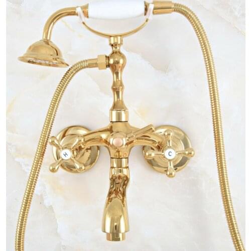 Luxury Polished Gold Color Brass Bathroom Wall Mounted Clawfoot Tub Faucet Taps Set With Hand Held Shower Head Spray mna809