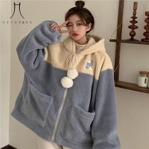 Heydress Women Autumn Hooded Cute Lamb Fur Coat Female Warm Sweet Pocket Kawaii Patchwork Warm Outerwear Sheep Shearing Jacket