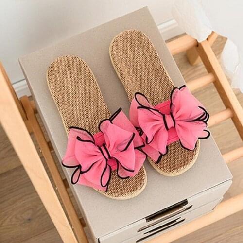 Womens Linen Slippers Fashion Breathable Large Butterfly-knot Hemp Slides Shoes Female New Fresh Non-slip Indoor Sandals