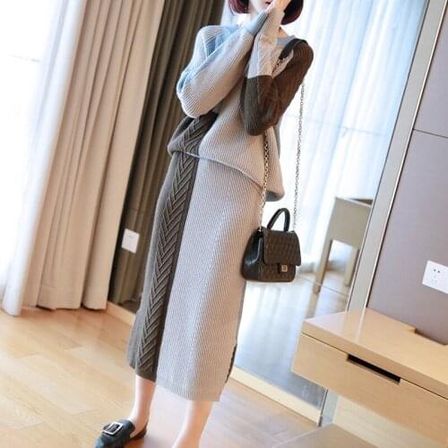 Sweater And Skirt Knitted Suit 2019 Winter Loose Pencil Skirts Sets For Woman Casual Ladies Two-Pieces Suit Quality AA5195
