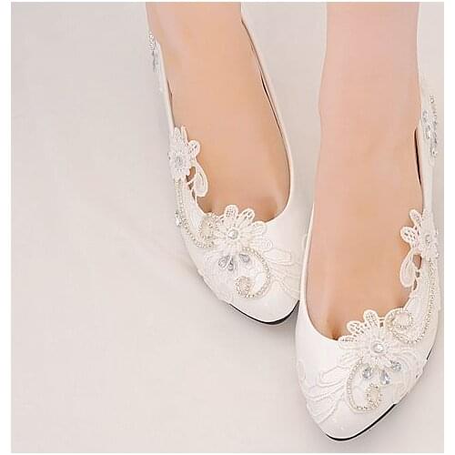5CM heel High quality white lace crystal rhinestones bridal wedding shoes bride handmade luxury plus size party white pumps shoe