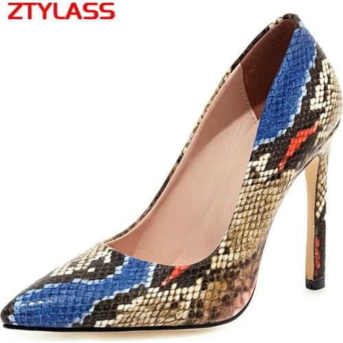 Womens Shoes Pointed Toe Fashion Thin Heels Pumps Blue Pink Snake Print Shoes Woman Big Size 34-44