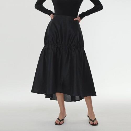 Asymmetry Black Midi Skirt Women High Waist Simple Pleated Skirts 2020 New