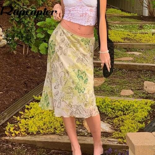 Rapcopter Floral Frill Skirts y2k Green Mid-Claf Skirts Harajuku Vintage Cute Straight Skirts Women Holiday Korean Skirts 90s