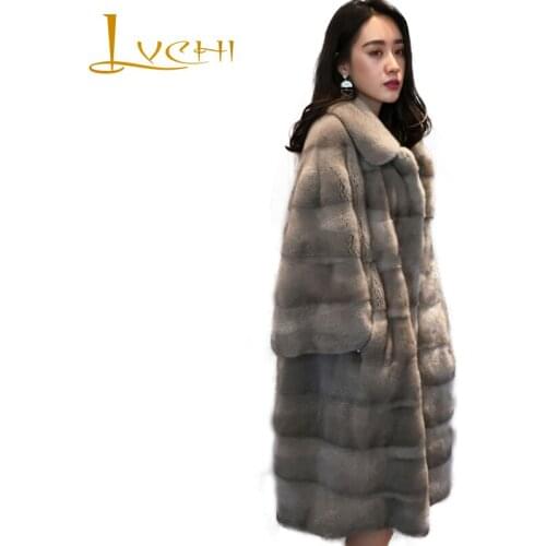 LVCHI Winter 2019 Female Long Sleeve Solid Elegant Real Mink Fur Coats Womens Causal Draped Slim Turn-Down Collar X-Long Coats
