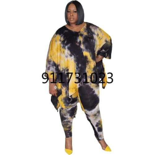 Plus Size Two Piece Womens Clothing Sexy V Neck Fashion Tie Dye Printing Irregular Top Casual Loose Trousers Suit