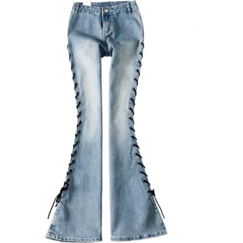 Bottom Jeans Stretch Skinny Trousers Bell Bottoms 2021 New Blue Bandage Lace Up Flare Jeans Women Split Hig Waisted Bell
