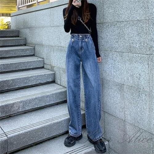 Free shipping 2020 womens autumn new high-waist straight-leg jeans loose wide-leg casual pants