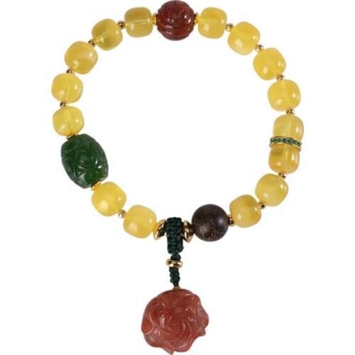 S925 sterling silver gold plated Amber Ebony Jasper South Red Beeswax Retro Lotus seedpod Ladies Weaving Bracelet