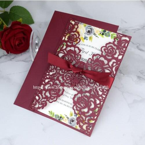 2020 Burgundy Rose Laser Cut Wedding Invitations with Ribbon 20+Color Digital Quinceanera Invites Anniversary Cards 50pc/lot