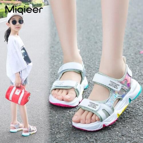 2021 Trendy Girls Summer Sandals Rainbow Sole Hook Loop Children Beach Shoes Princess Soft Flat Sole Sandale Fille Size 27-38