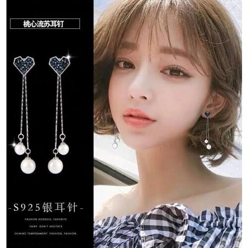 2021 Wholesale Korean Love Blue Earrings Long Pearl Pendant Earrings Simple Creative Trendy Female Earrings