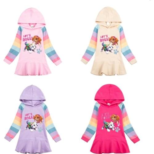 2021 Paw Patrol Autumn Girl Hoodies Dress Cartoon Ruffle Dress Cotton Kids Clothes Children Dresses Clothing for Birthday Gift