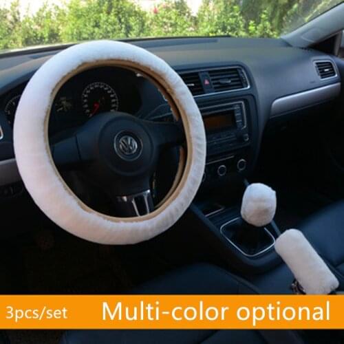 7 Colors Plush Car Steering Wheel Cover Braid + Handbrake Cover + Car Automatic Covers Plush Gear Shift For Car Auto Accessories