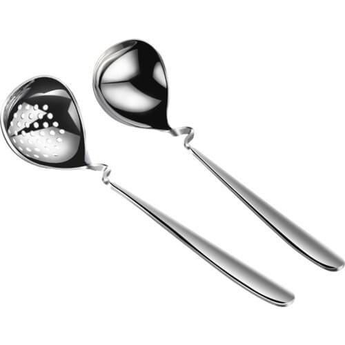8.5Inch Family Serving Soup Spoon Colander Stainless Steel Heavy Duty Curved Big Soup Spoon and Slotted Spoons Tableware