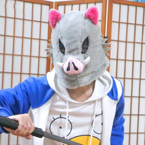 Anime Hashibira Inosuke Mask Demon Slayer Kimetsu No Yaiba Cosplay Prop Cute Gray Pig Plush Headgear for Halloween Drop Ship