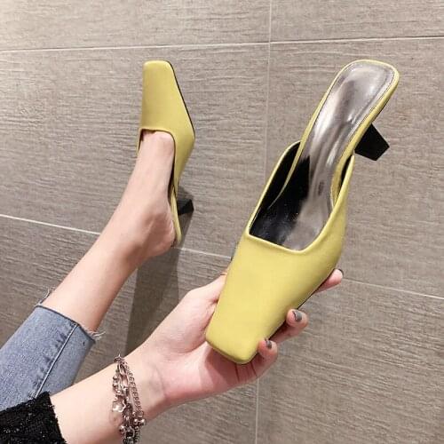 Off-white Square Toe High-heeled Slippers Women Stiletto 2021 New All-match Baotou Sandals