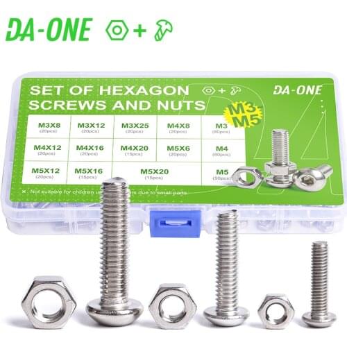 DA-ONE M3 M4 M5 M6 Screw And Nut Set Hexagon Socket Allen Screws And Hex Nut 304 Stainless Steel Bolt Assortment Kit Set