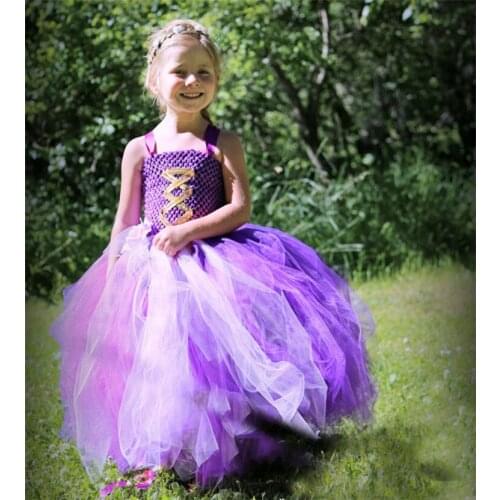 Little Girls Purple Ribbons Tutu Dress Kids Crochet Tulle Dress Ball Gown with Headband Children Halloween Party Princess Dress