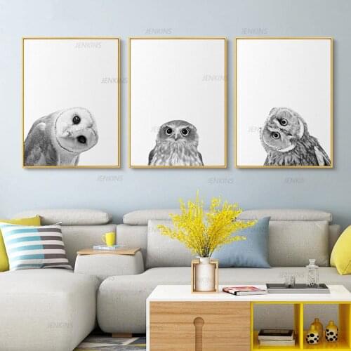 Canvas Picture Wall Art Black White Cute Owl Poster Painting Decorative Nordic Modern Print Animal Bird for Living Room Decor