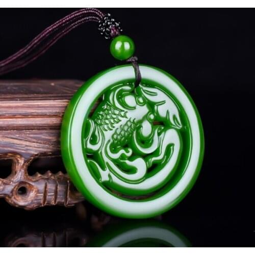 Chinese Xinjiang Green Jade Double Side Hollow Fish Pendant Hand Carving Necklace Fashion Amulet Luck Gifts Men Sweater Chain