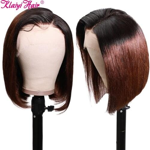 Klaiyi Hair Straight Bob Ombre T1B30/T1B27/T1B4 Human Hair Wigs 8-14 Inch Pre Plucked Remy Hair 13*4 Lace Front Wig 150% Density