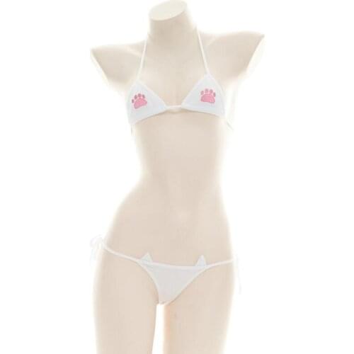 Super Lovely Cats Paw Embroidery Bikini Underwaer Suit Sexy Lolita Soft Girl Bandage Lingerie Set sukumizu Bra & Panties Set