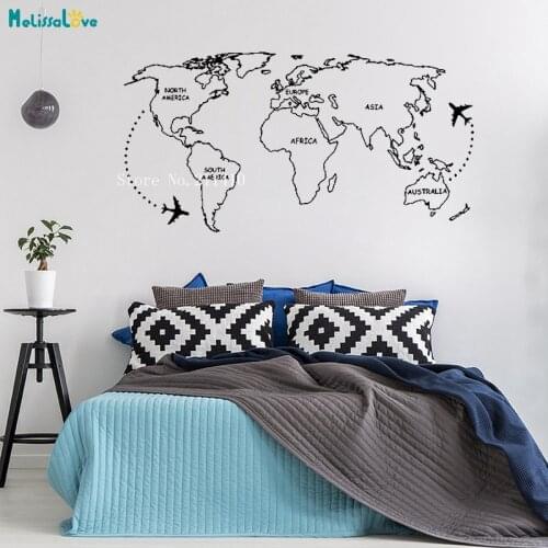 Outlines World Map Wall Sticker Continents Airplane and English Simple Notes Decals Decor Living Room Removable Art Murals YT744