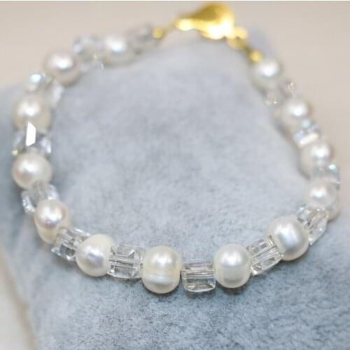 Natural white 7-8mm pearl strand bracelets for girls women party gifts crystal spacers diy wholesale price jewelry 7.5inch B2987