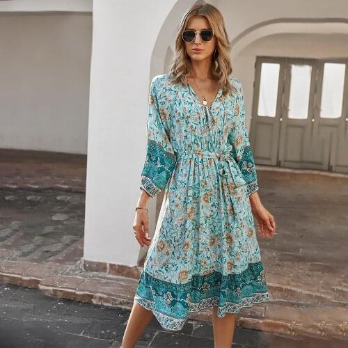 2022 New Comfortable Womens High-quality Bohemian Holiday Style Beach Skirt Printed Dress 7-point Sleeve Skirt