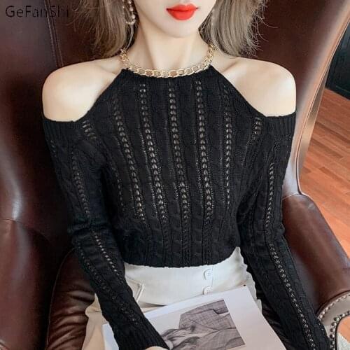 2021 Autumn Spring Fashion Sweaters Fashion Hollou Out Shoulder Sexy Chain Pullovers Ladies Sweater Womens Vintage Top