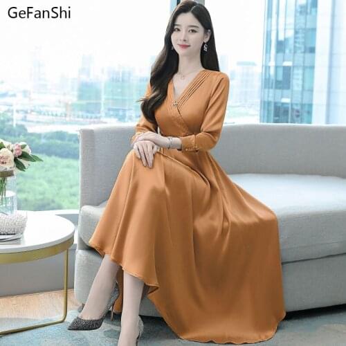 2021 New Spring Autumn Women Dresses Satin Long Sleeve V-Neck Bow Casual Dress Fashion Elegant Slim Office Lady Dresses Robe