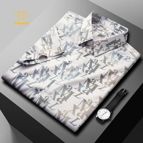 TAVARES Men Dress Shirts Plaid Letter Social Office Business Collared Shirt Short Sleeve Stripe White Black Casual Shirt