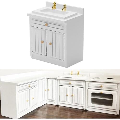 Cute Dollhouse Kitchen Miniature Furniture of Dining Room Sink, 1/12 Scale Wooden Scenes Accessories