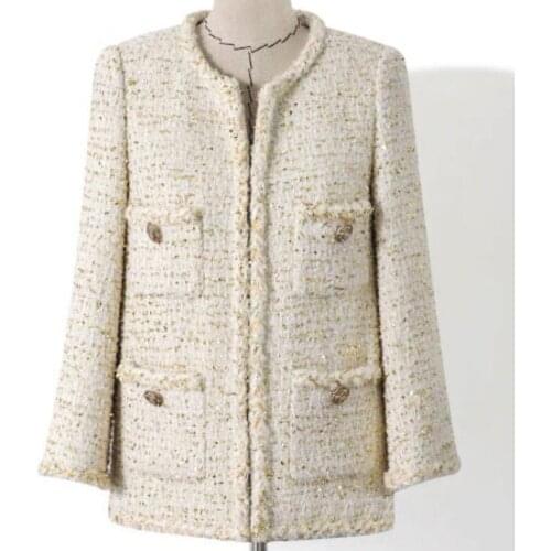 Vintage small fragrance tweed woolen blazer women autumn winter o-neck loose long suit jacket